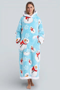 Robe de chambre bleu clair motif bonhomme de neige en peluche avec écharpe rouge