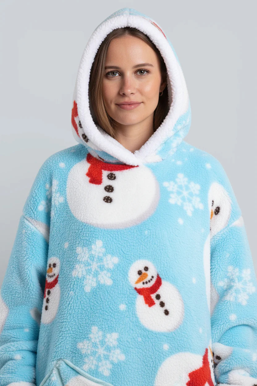 Robe de chambre bleu clair motif bonhomme de neige à écharpe rouge