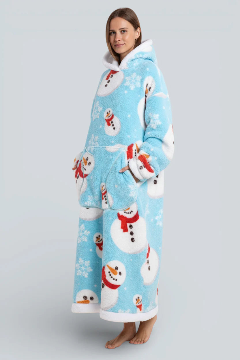 Robe de chambre fleece bleu clair bonhomme de neige, bordure blanche, écharpe rouge
