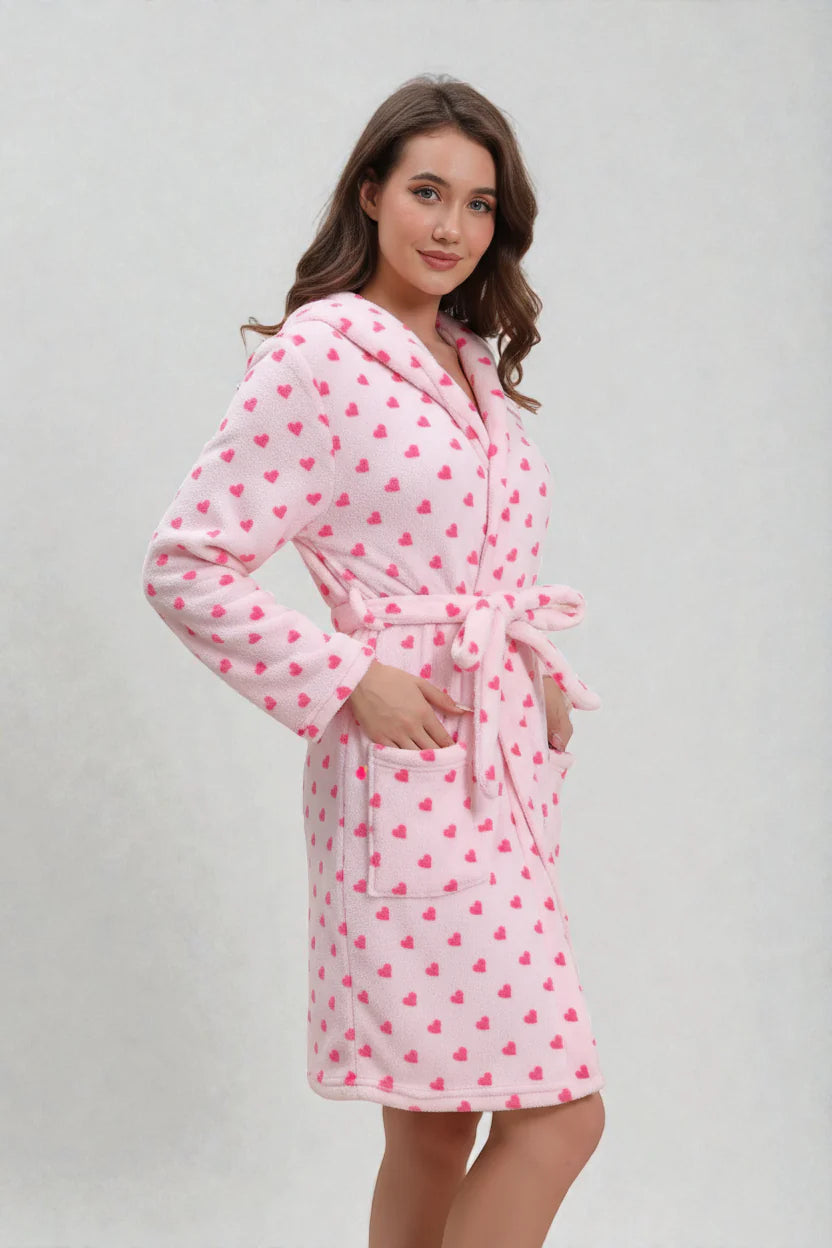 Robe de chambre motif cœur rose à motifs cœurs en tissu moelleux