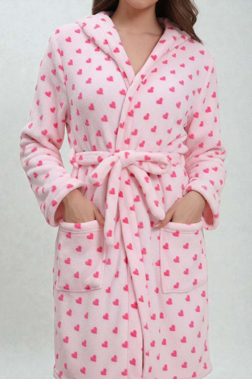 Robe de chambre motif cœur rose à motif cœur en plush avec ceinture et poches