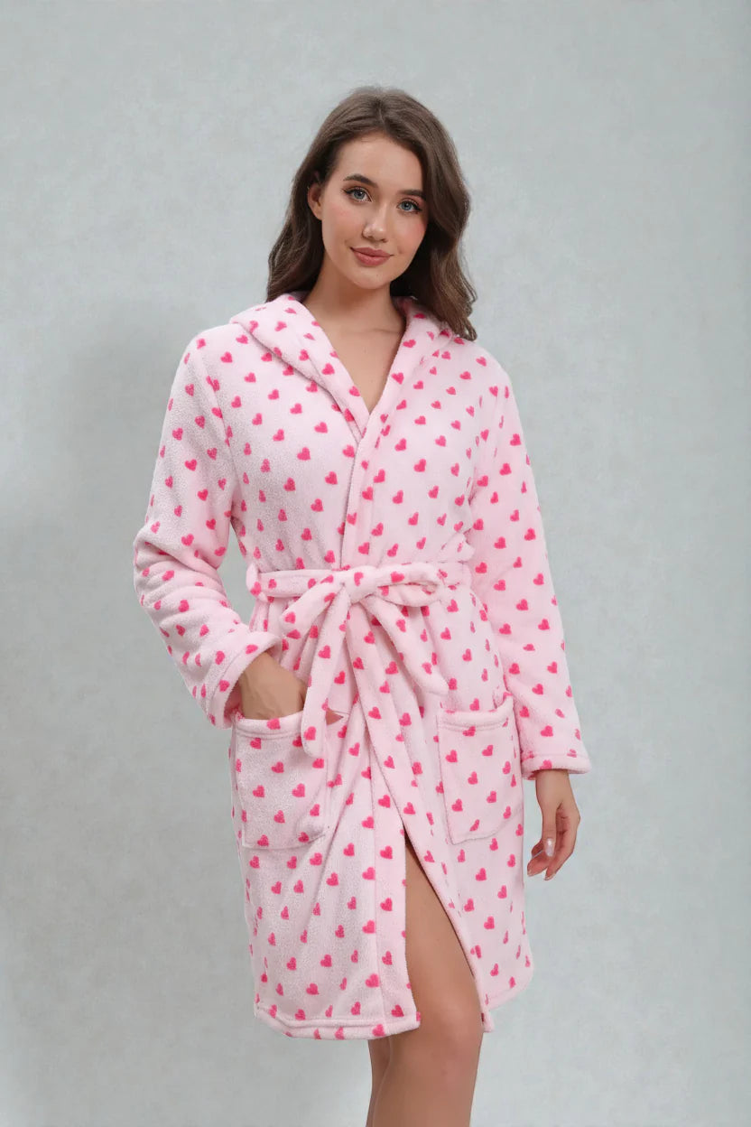 Robe de chambre rose en peluche à motif cœur rose foncé, capuche et ceinture