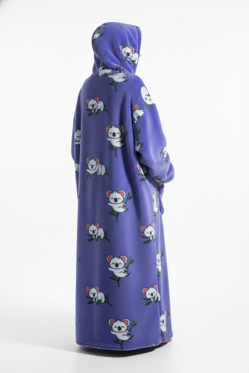 Robe de chambre polaire koala violette à capuche et manches longues