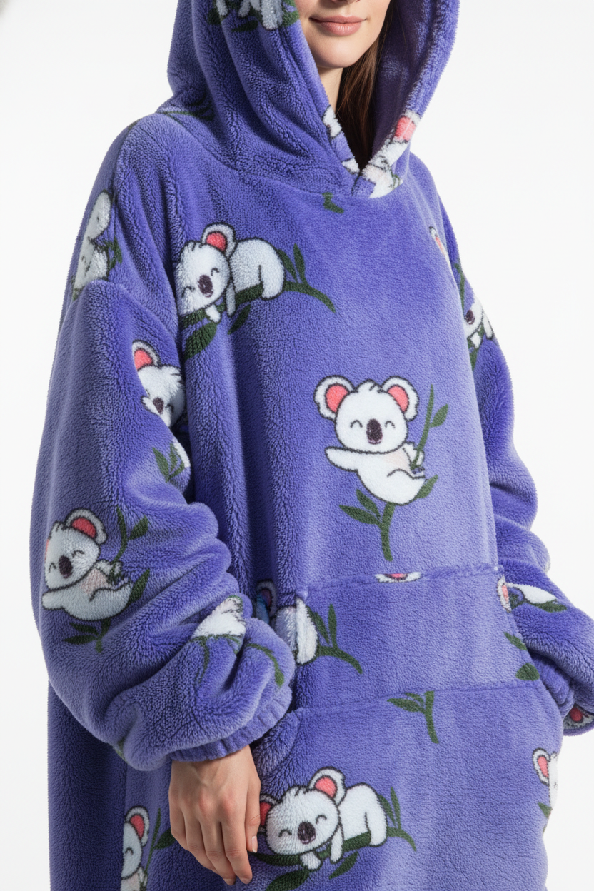 Robe de chambre polaire violette à motifs koalas blancs sur eucalyptus