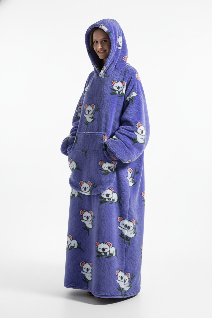 Robe de chambre polaire violette à motif koala avec capuche et poches