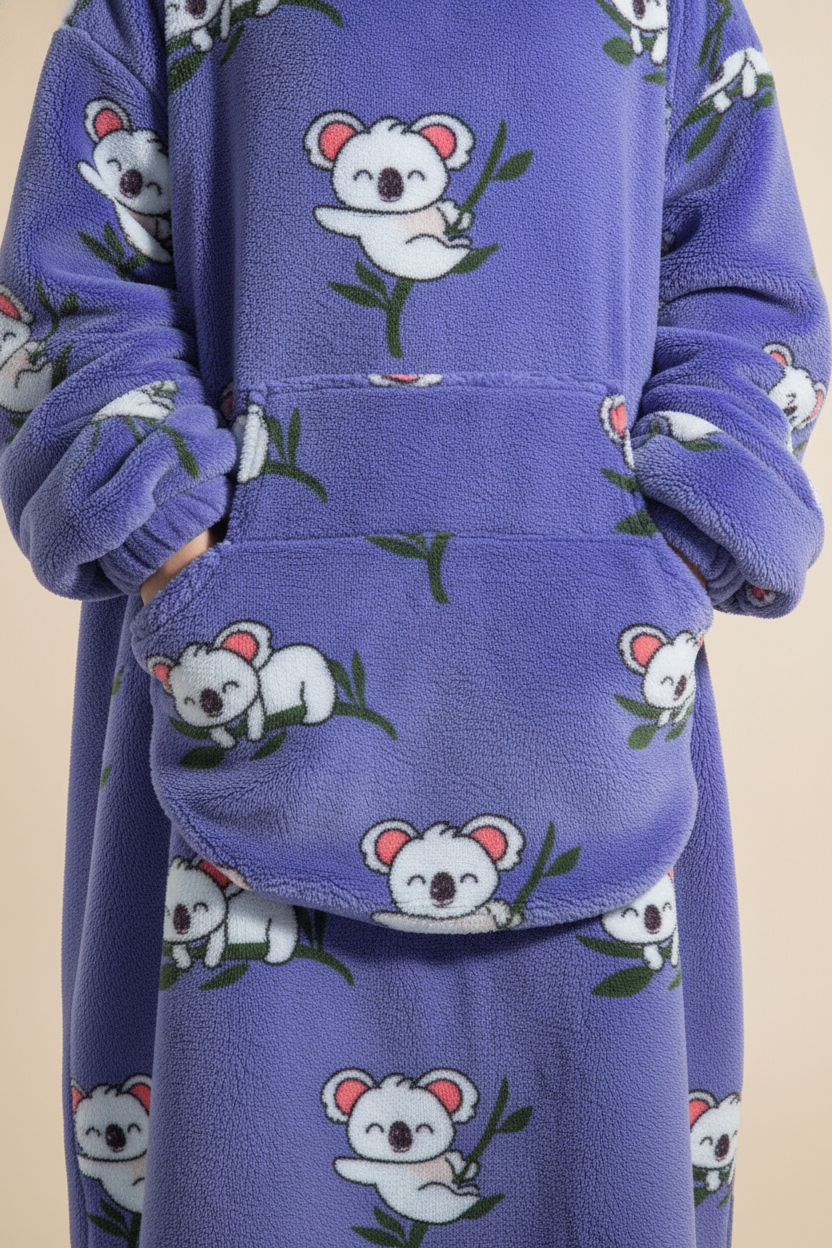 Robe de chambre polaire violette à motifs koalas blancs sur eucalyptus