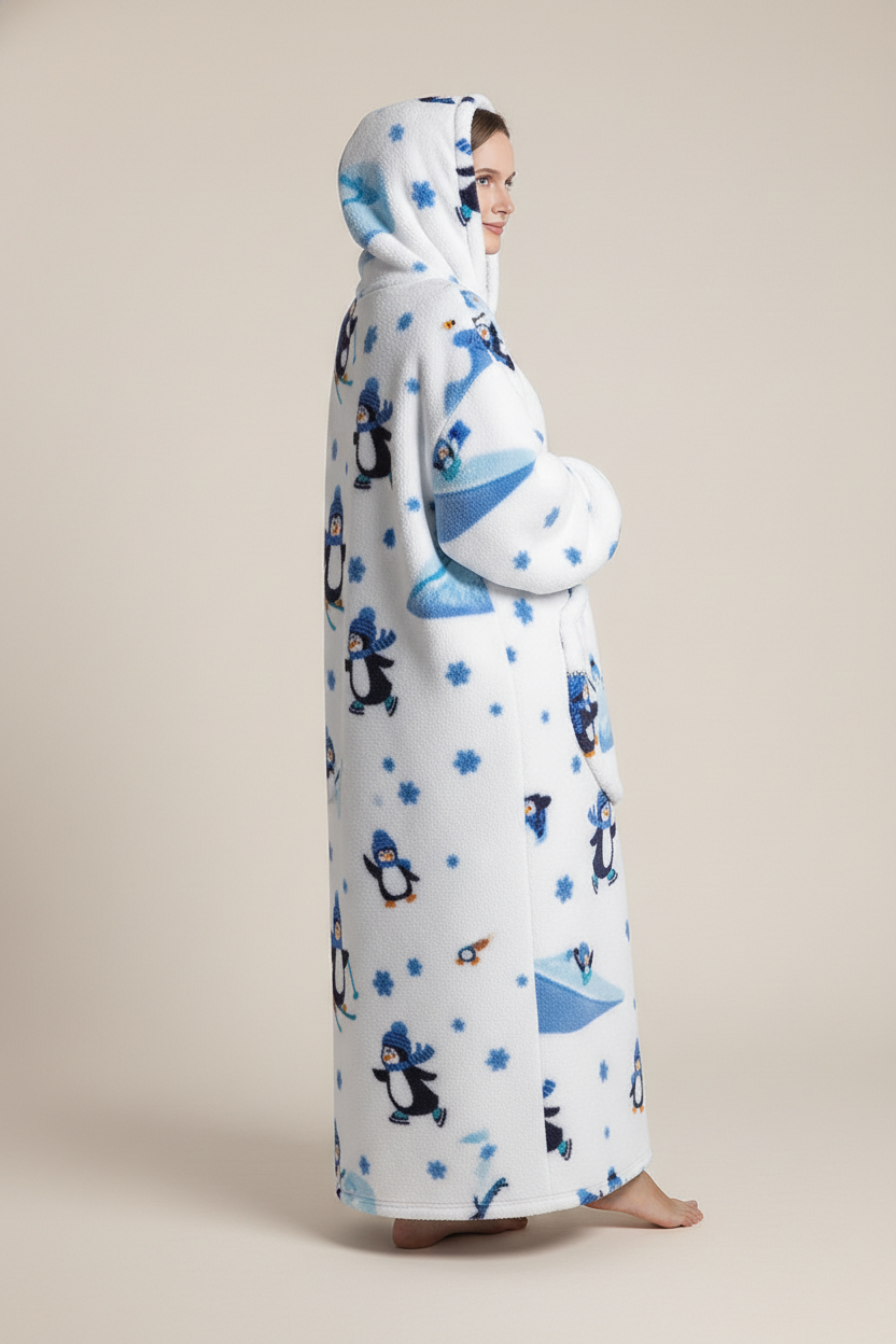 Robe de chambre polaire blanche à motifs pingouin bleu et flocons, avec capuche et manches longues