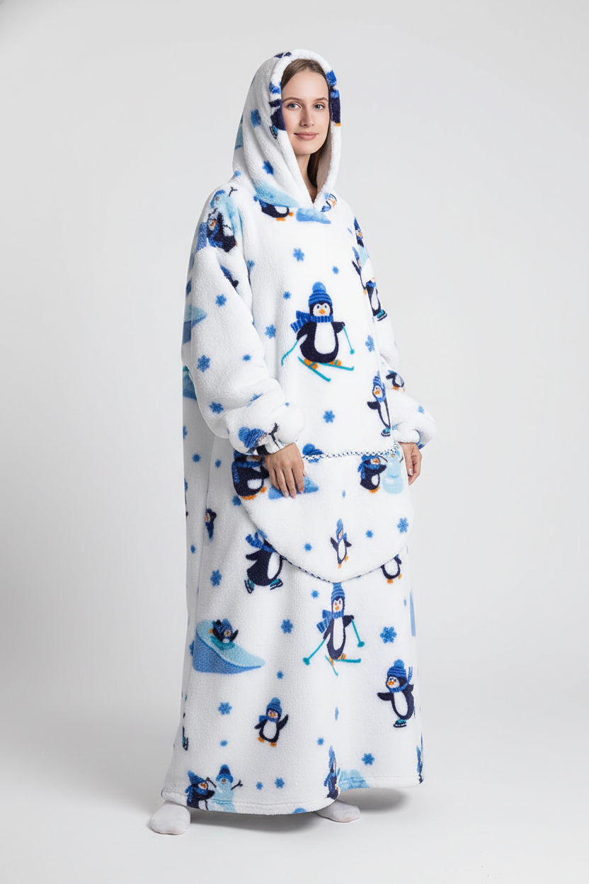 Robe de chambre polaire blanche à motifs pingouins bleus et flocons, capuche et manches longues