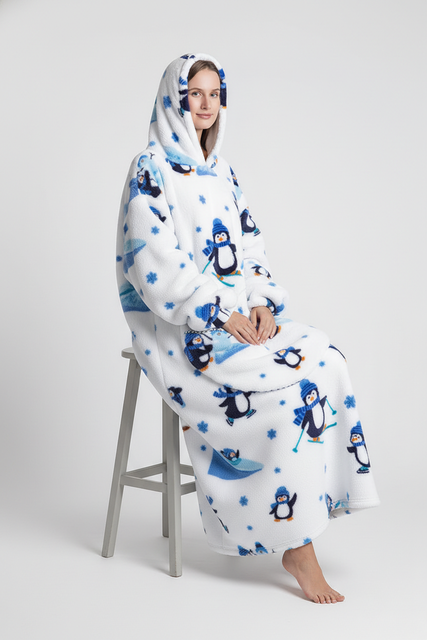 Robe de chambre polaire blanche à capuche, motifs pingouin bleu et flocons
