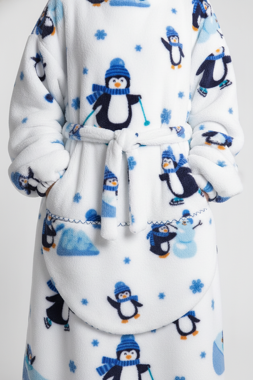 Robe de chambre polaire blanche à motifs pingouins noirs et bleus avec bonnets, écharpes, skis et patins