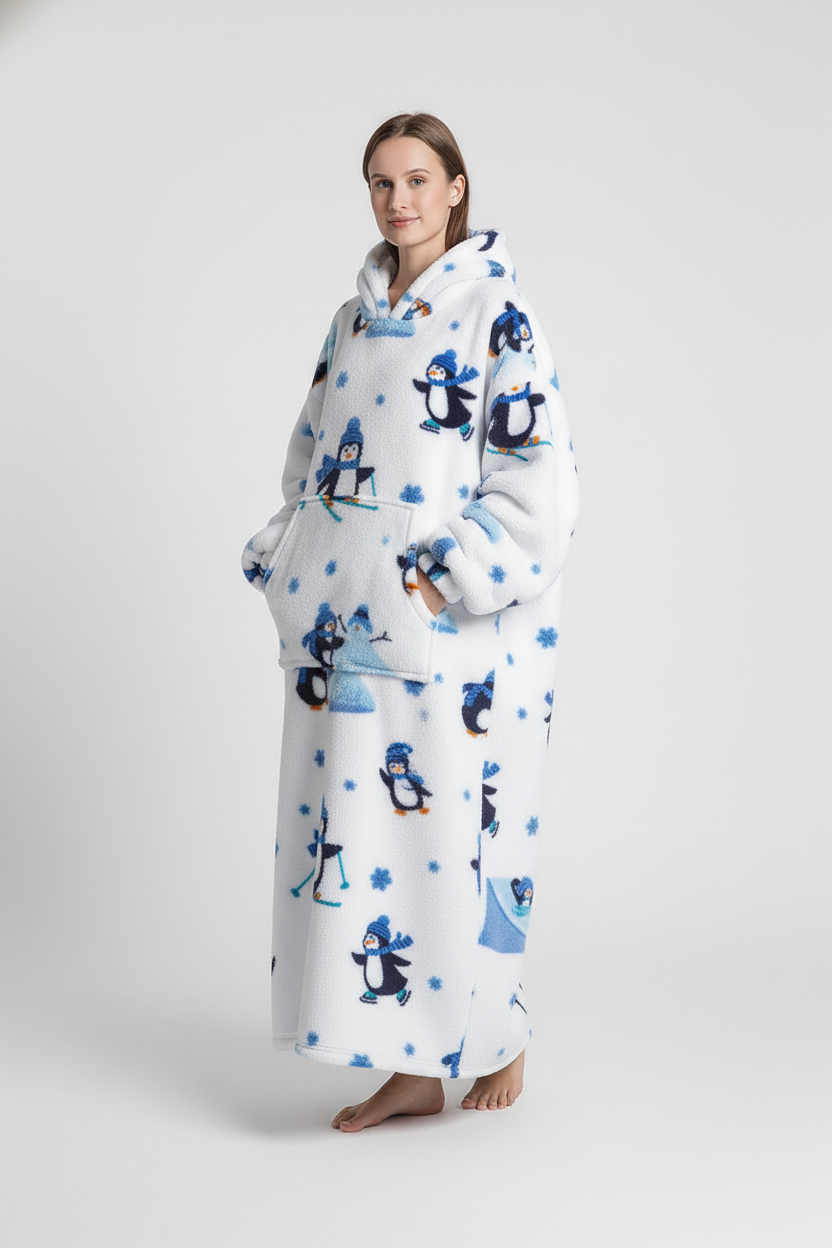 Robe de chambre polaire pingouin blanc motifs flocons accents bleus