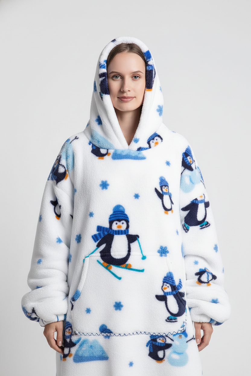 Robe de chambre polaire blanche à motifs pingouin bleu et flocons, cozy fleece