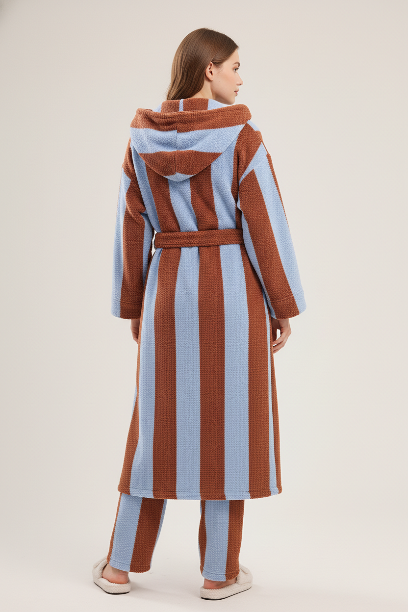 Robe de chambre polaire à rayures bleu et roux à capuche