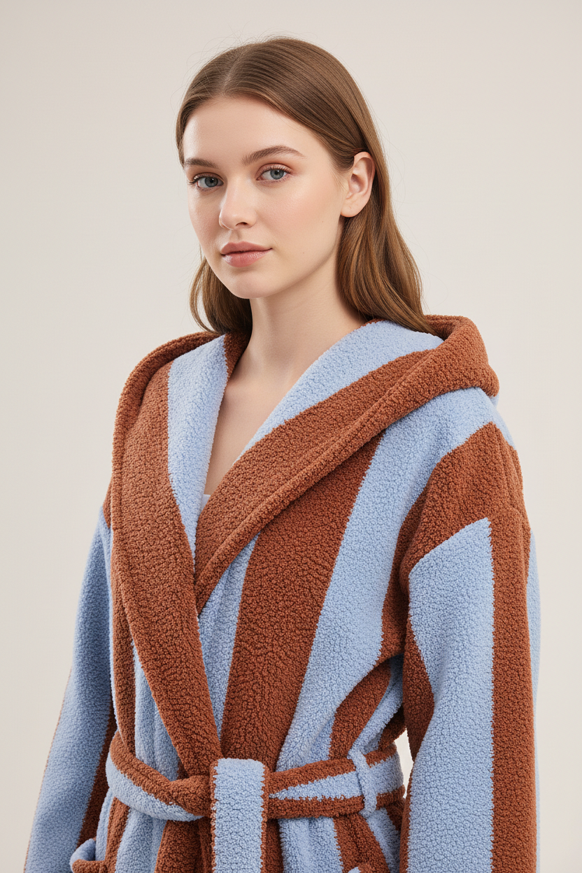 Robe de chambre polaire à rayures bleu et marron, capuche et ceinture