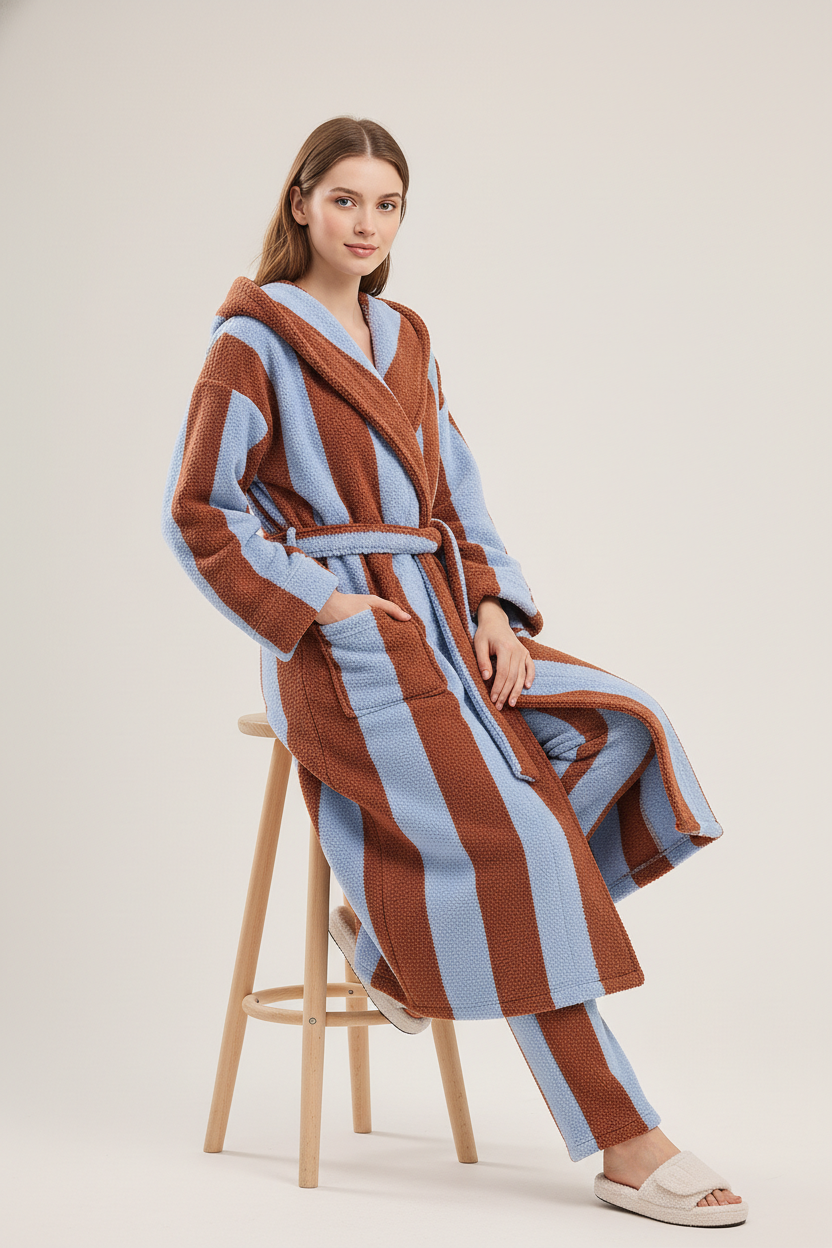 Robe de chambre polaire à rayures bleu et marron, capuche et ceinture