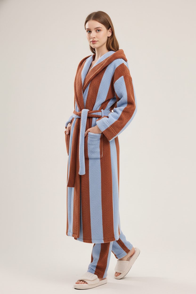 Robe de chambre polaire à rayures bleu marron en tissu éponge moelleux