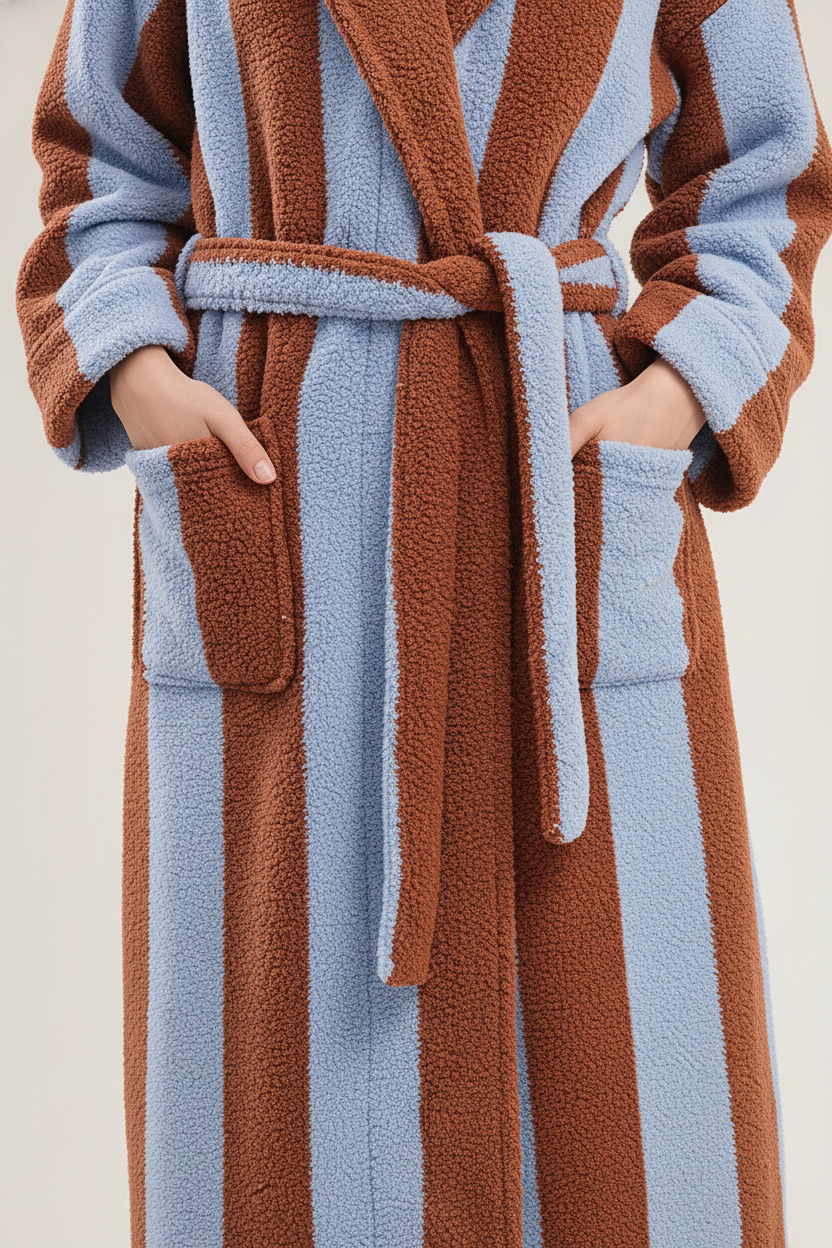 Robe de chambre polaire à rayures bleu et marron, douillette et rayée