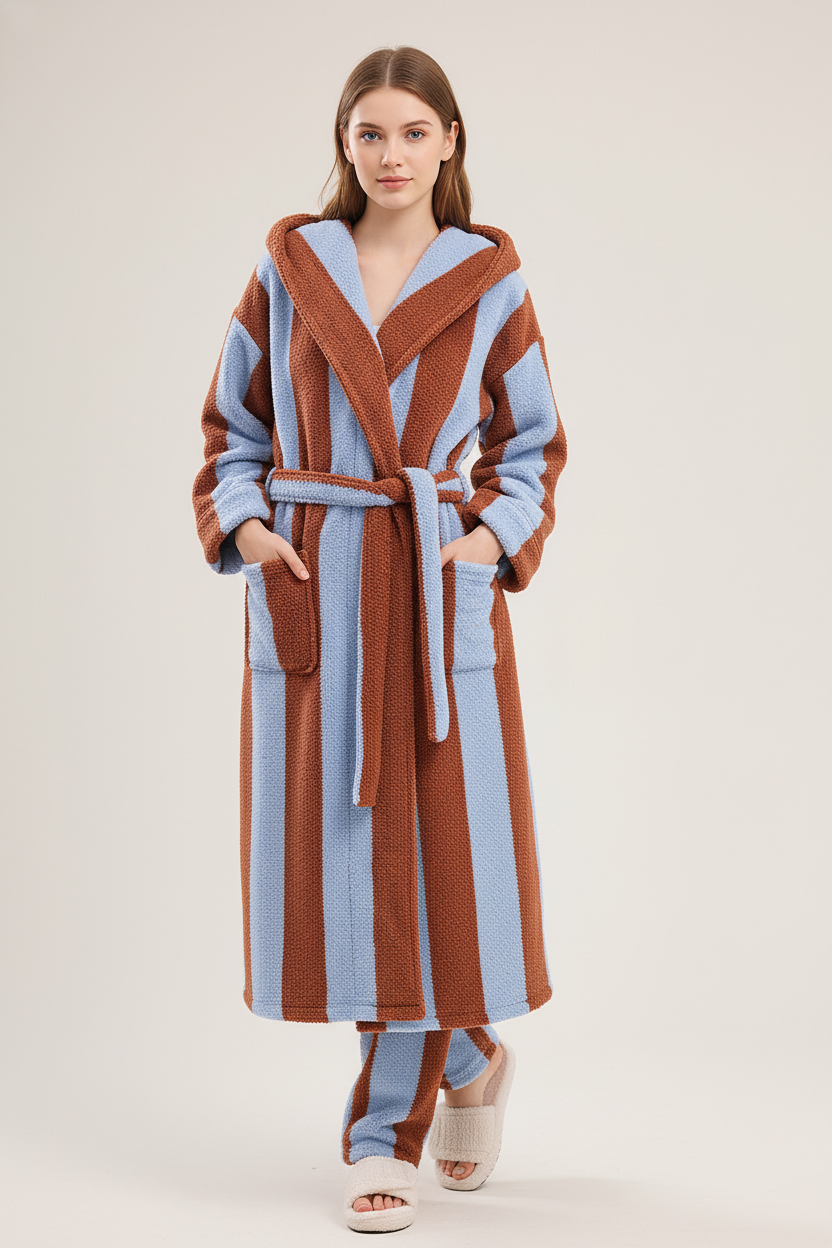 Robe de chambre polaire à rayures bleu et marron à capuche