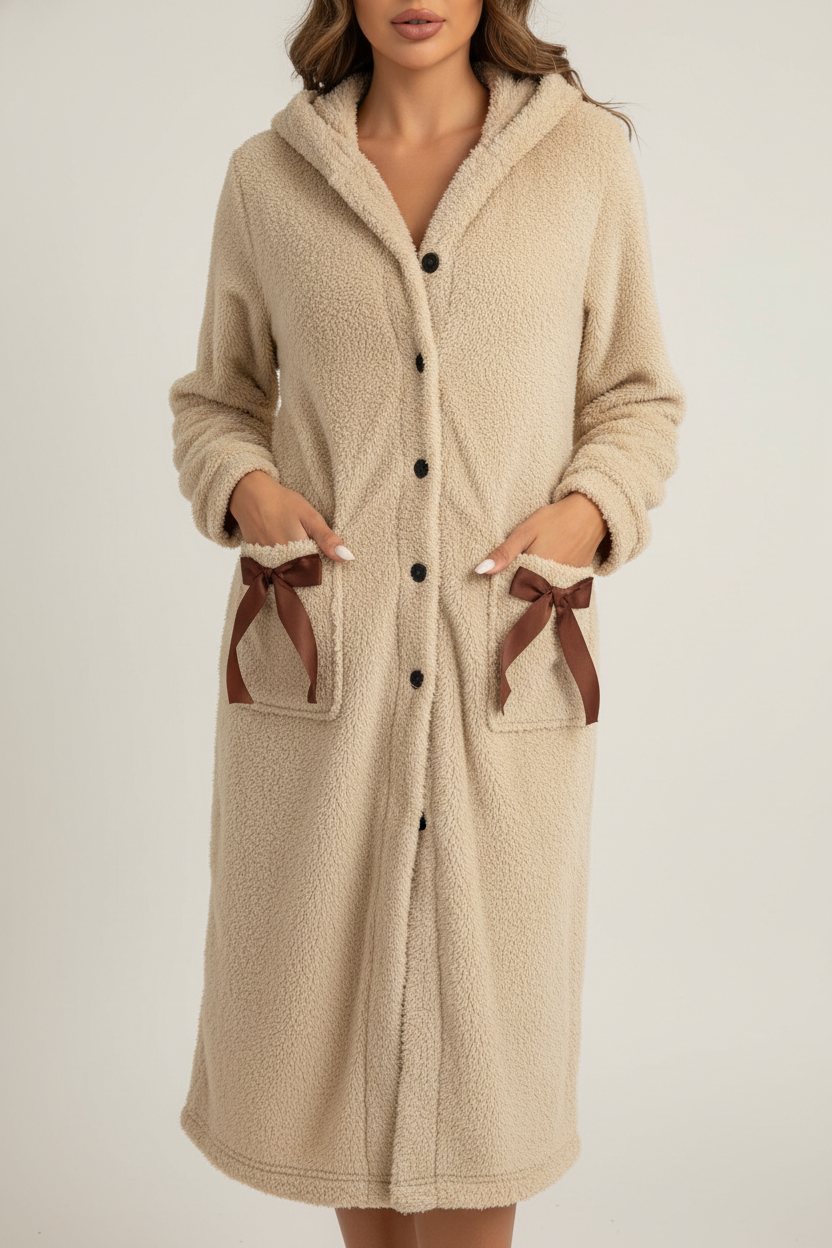Robe de chambre polaire boutonnée femme beige à capuche