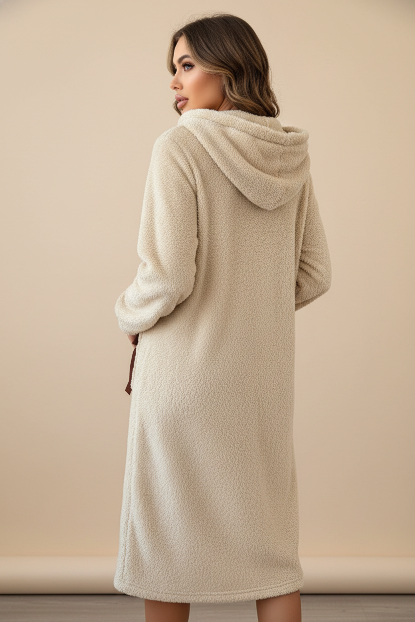Robe de chambre polaire boutonnée femme beige à capuche texturée