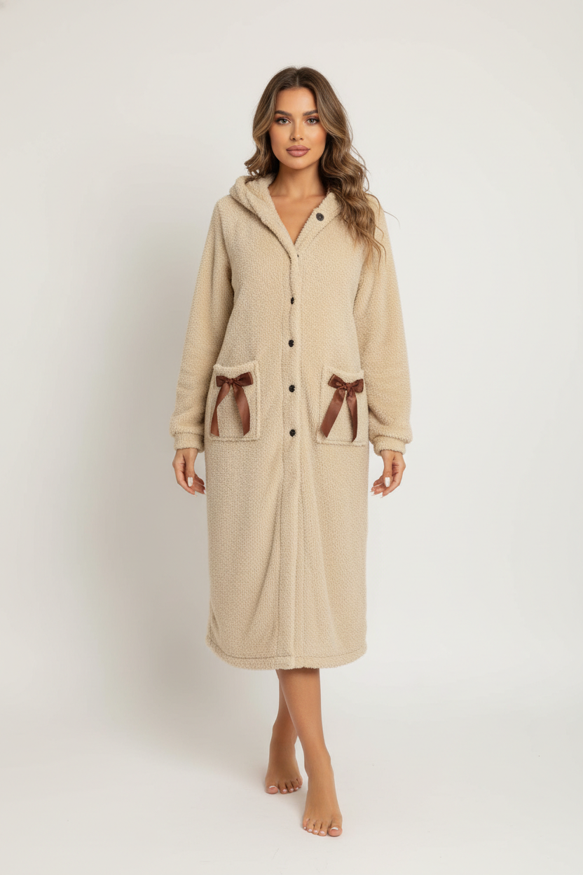 Robe de chambre polaire femme boutonnée beige à capuche et rubans marron