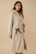 Robe de chambre polaire femme crème à capuche boutonnée