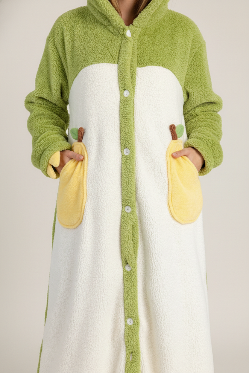 Robe de chambre polaire boutonnée verte lime motif banane à poches