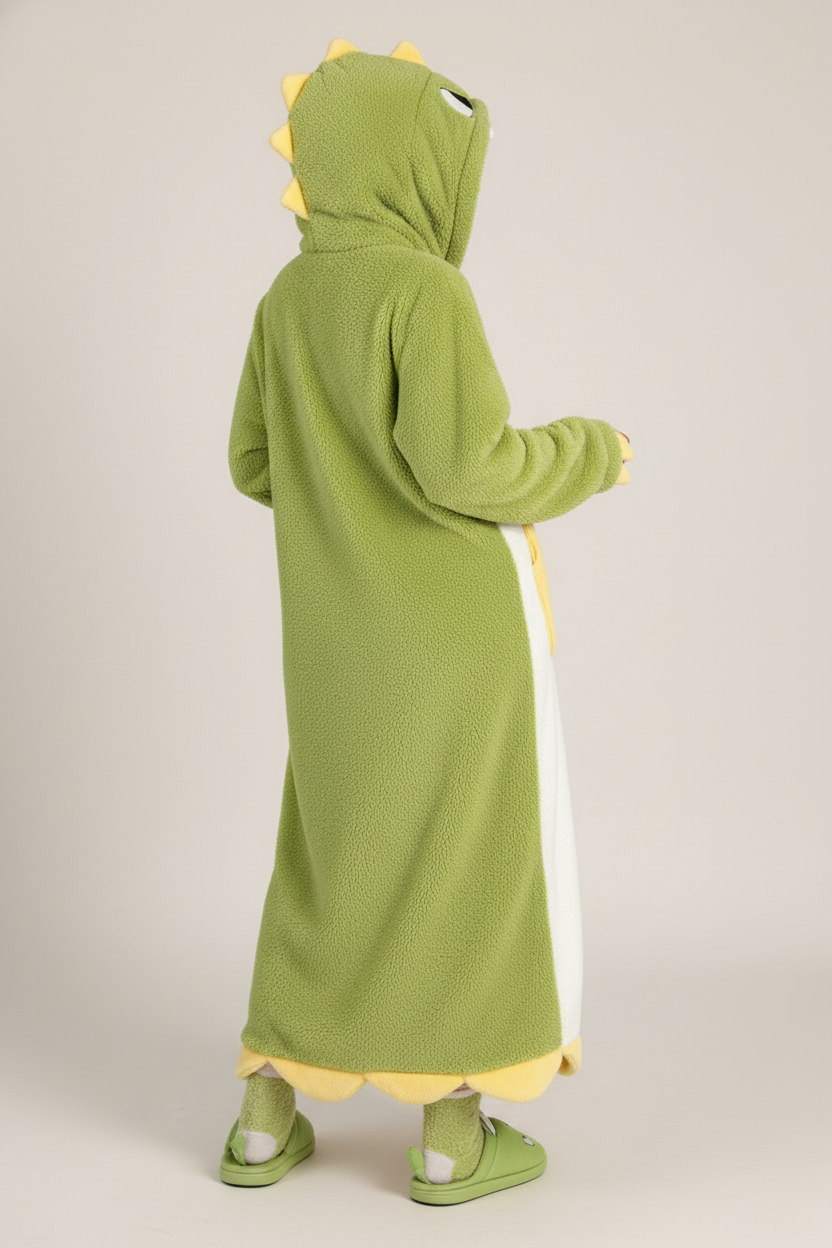 Robe de chambre polaire boutonnée vert dinosaure à pointes jaunes