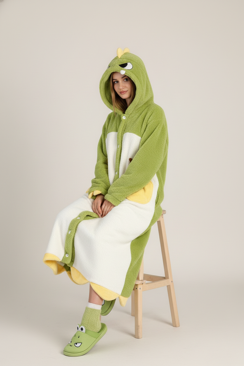 Robe de chambre polaire boutonnée vert dinosaure motif poire à capuche