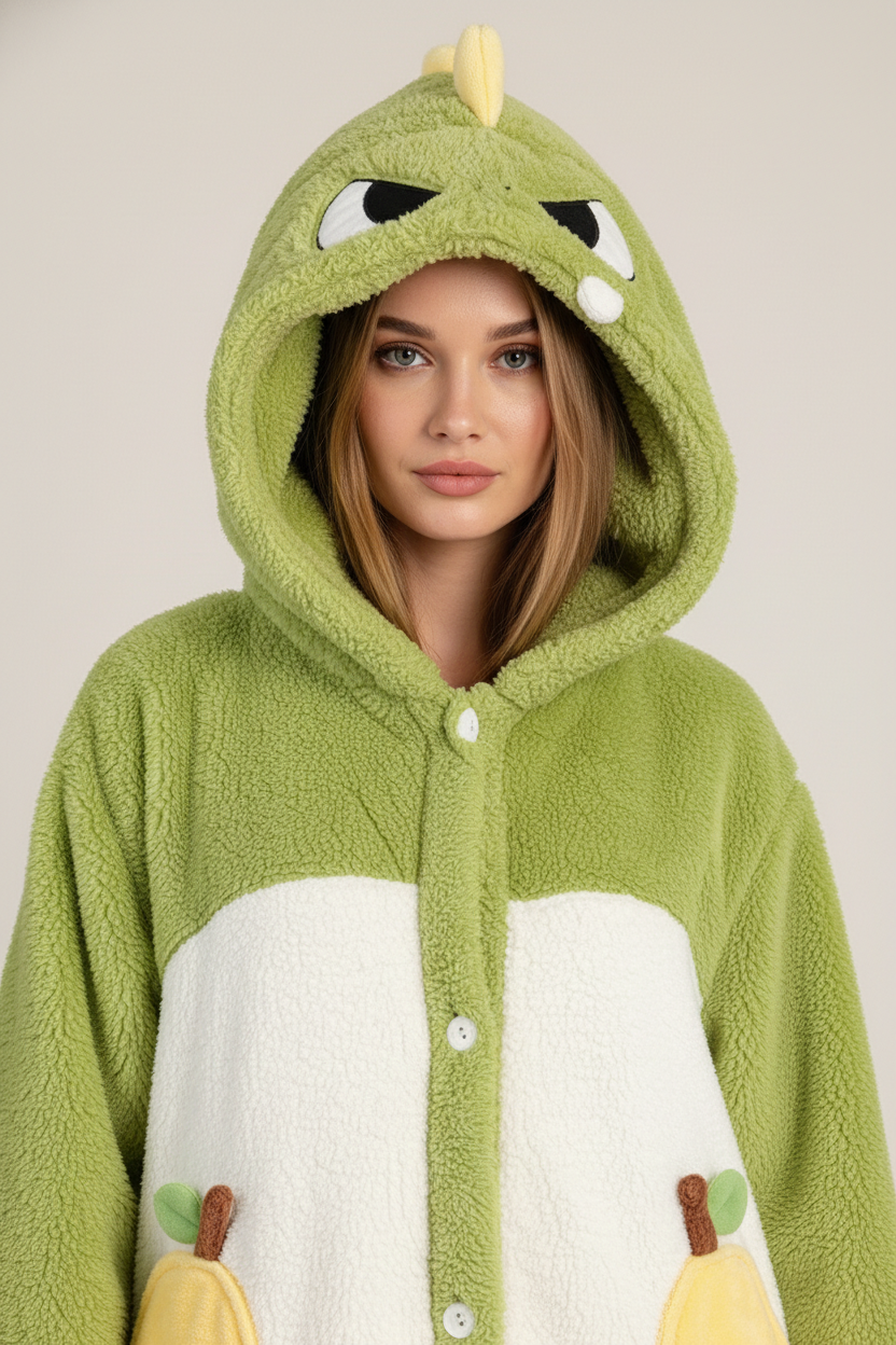 Robe de chambre polaire boutonnée vert dinosaure poire à capuche