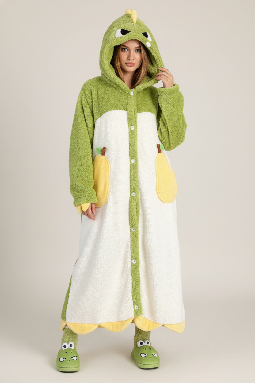 Robe de chambre polaire boutonnée vert blanc dinosaure poire avec pantoufles