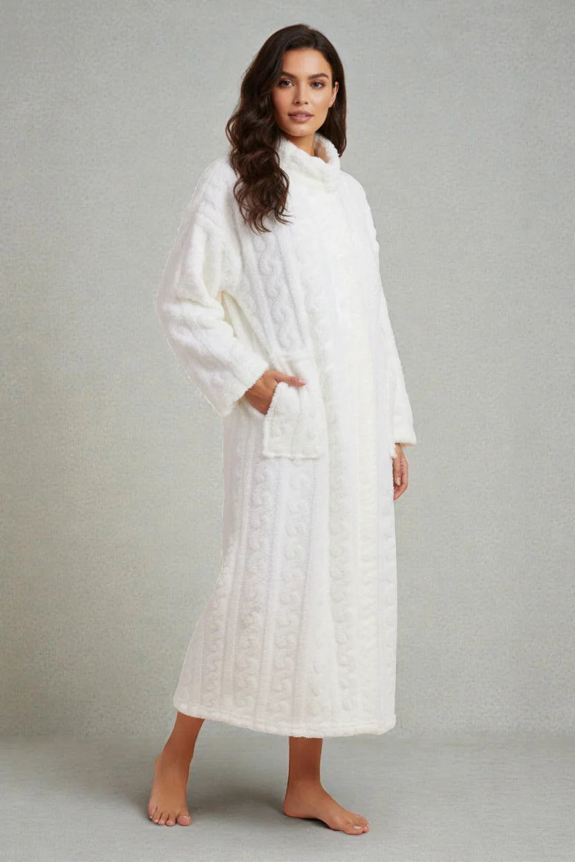 Robe de chambre polaire confort blanche à tricot texturé et doublure polaire douce