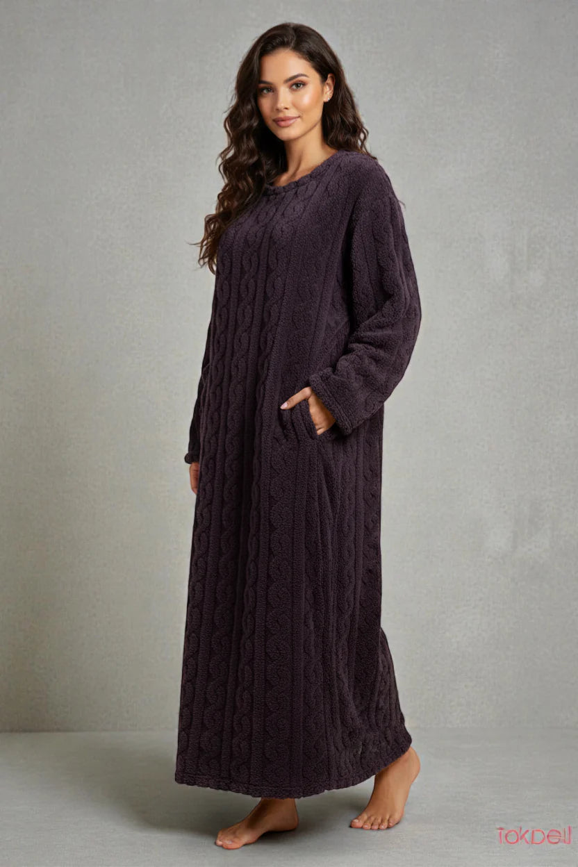 Robe de chambre polaire confort violet foncé maille câblée à poches