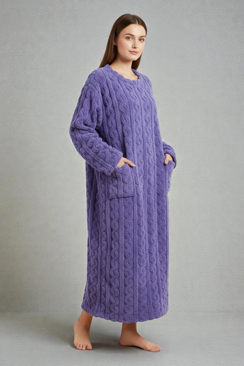 Robe de chambre polaire confort lavande tricot câble à poches