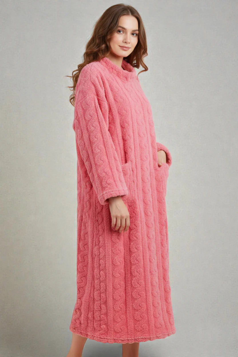Robe de chambre polaire confort rose, maille câblée, doublure polaire