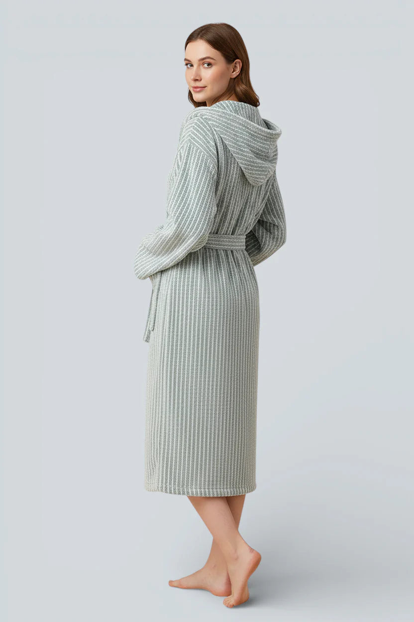 Robe de chambre polaire élégante rayée vert clair et blanc à capuche