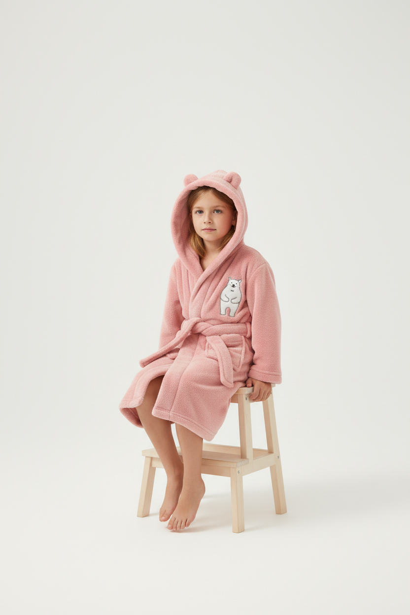 Robe de chambre polaire enfant ourson rose avec capuche oreilles ours et appliqué ours blanc