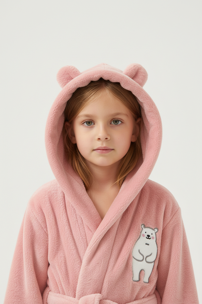 Robe de chambre polaire enfant ourson rose avec oreilles dours et ours polaire blanc