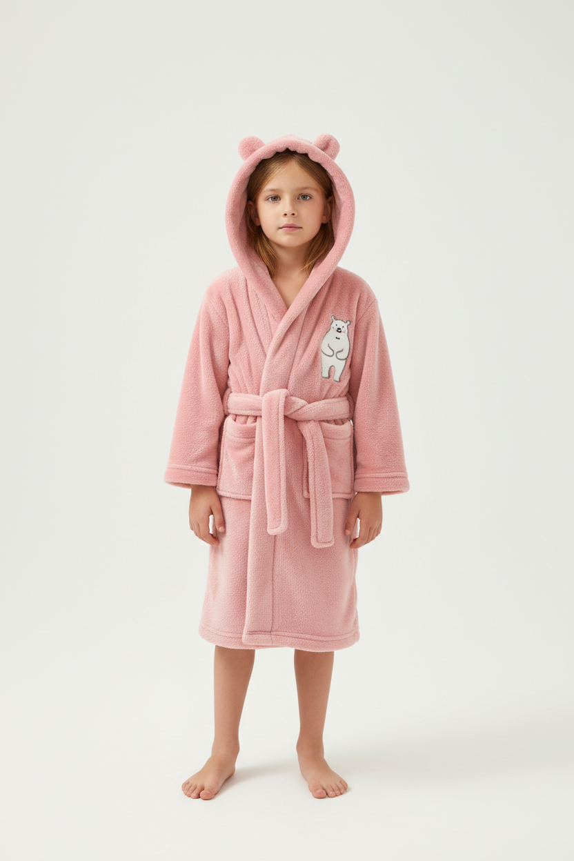 Robe de chambre polaire enfant ourson rose avec capuche oreilles ours