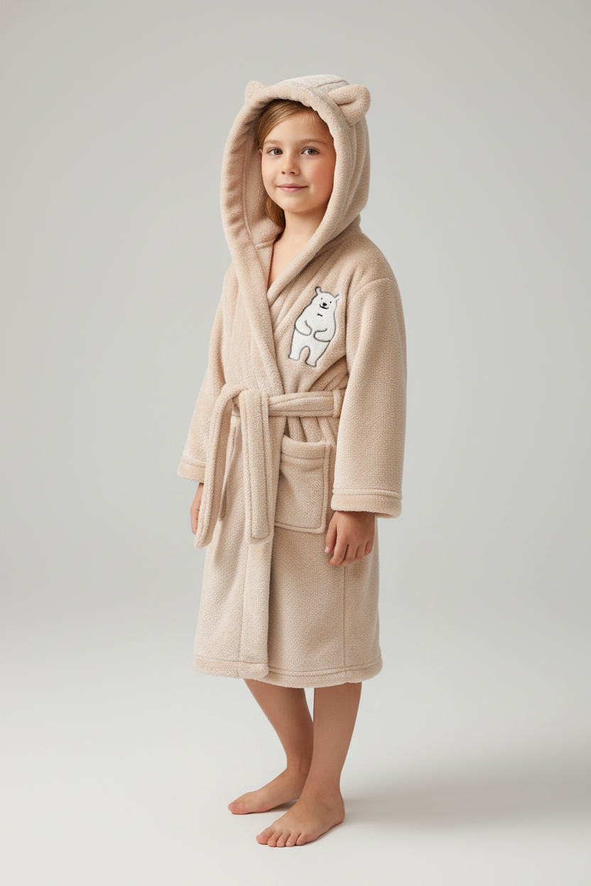 Robe de chambre polaire enfant ourson beige à capuche ours et ours polaire brodé