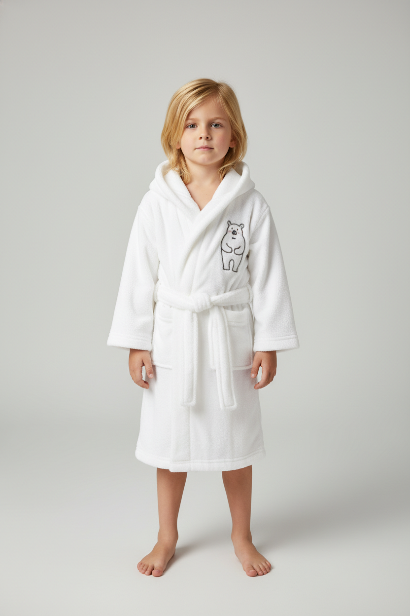 Robe de chambre polaire enfant ourson blanche à capuche avec ours brodé