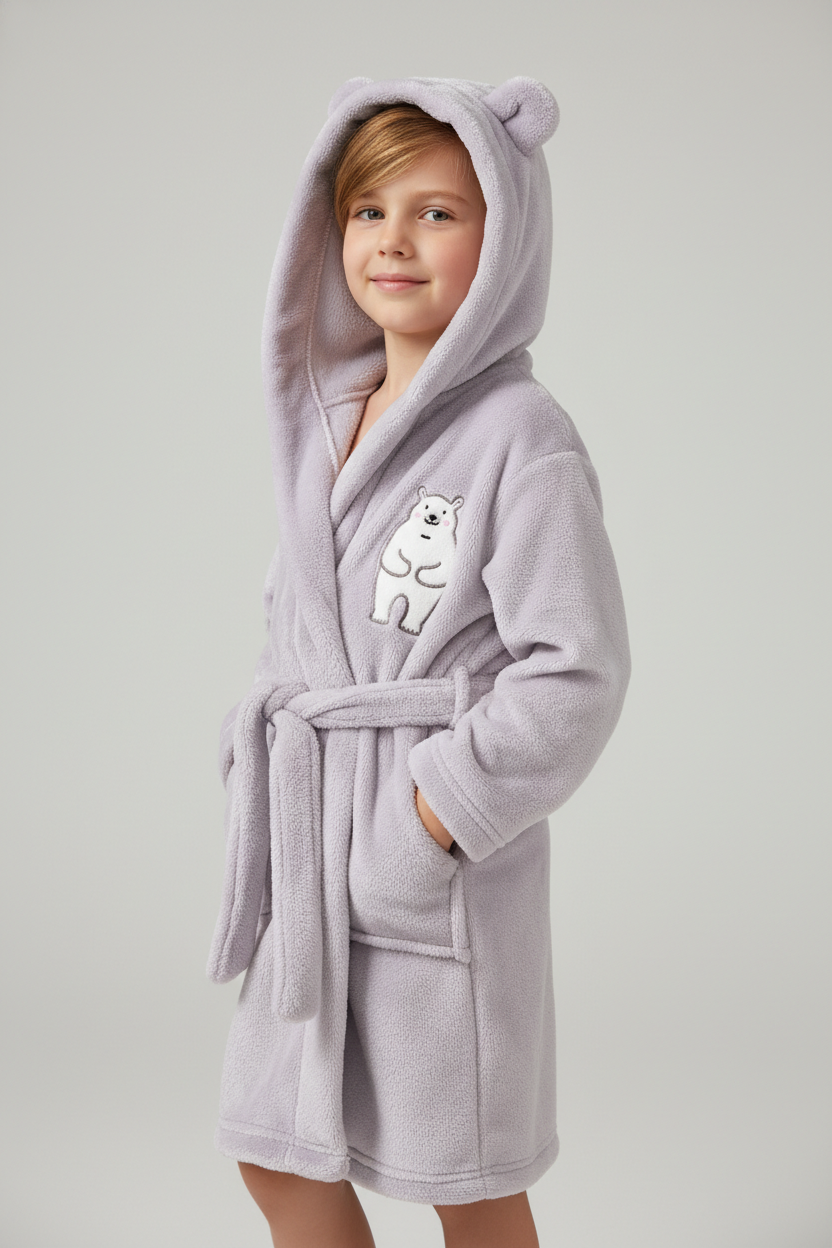 Robe de chambre polaire enfant ourson lavande à capuche ours et ours polaire brodé