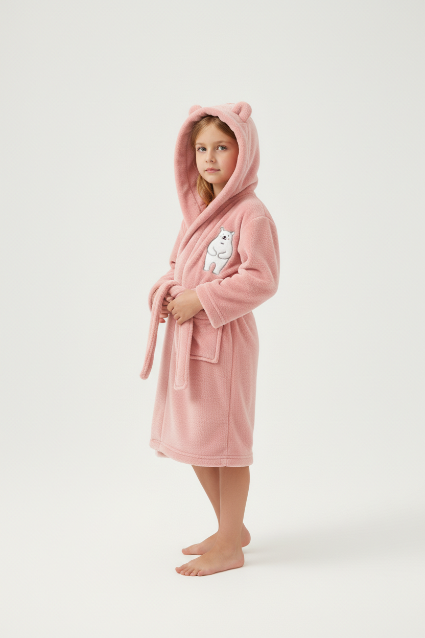 Robe de chambre polaire enfant ourson rose avec capuche et patch ours blanc
