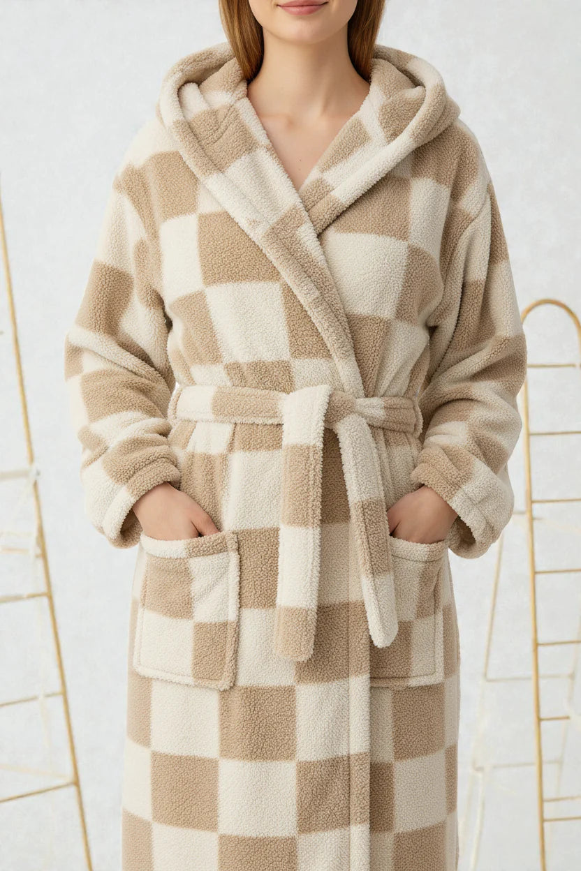 Robe de chambre polaire femme beige et crème à carreaux cosy