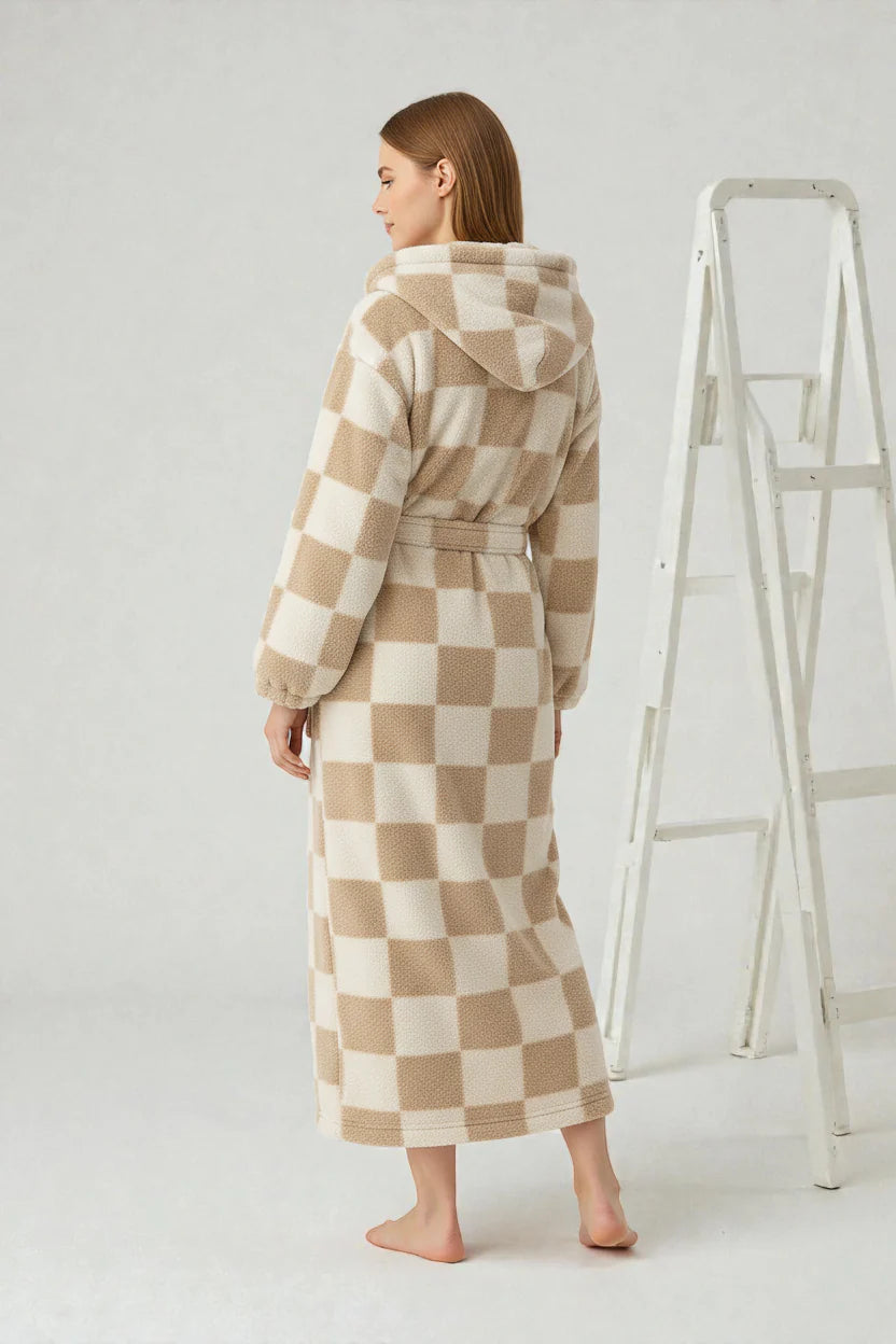 Robe de chambre polaire femme à carreaux beige crème à capuche