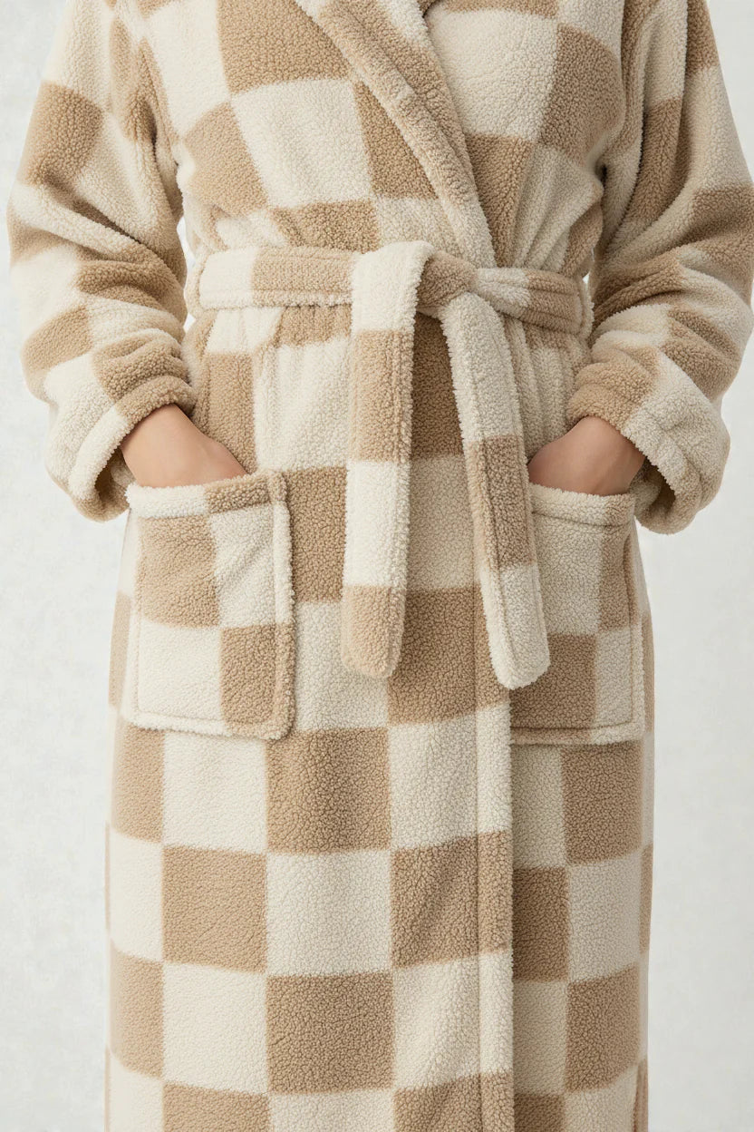 Robe de chambre polaire femme beige crème à carreaux avec ceinture