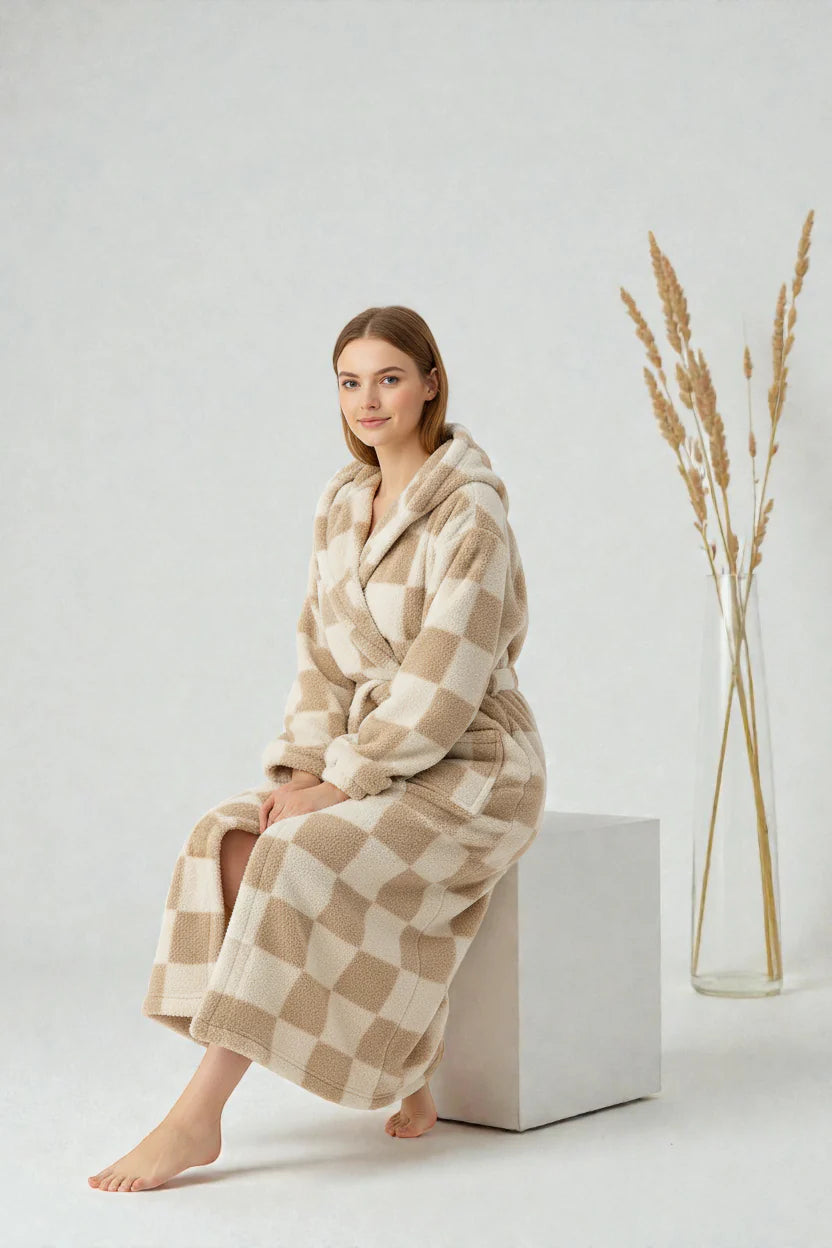 Robe de chambre polaire femme beige et crème à carreaux à capuche