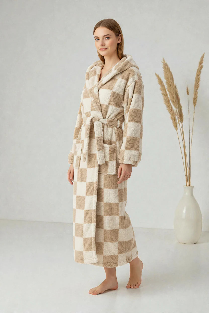 Robe de chambre polaire femme à carreaux beige crème à capuche