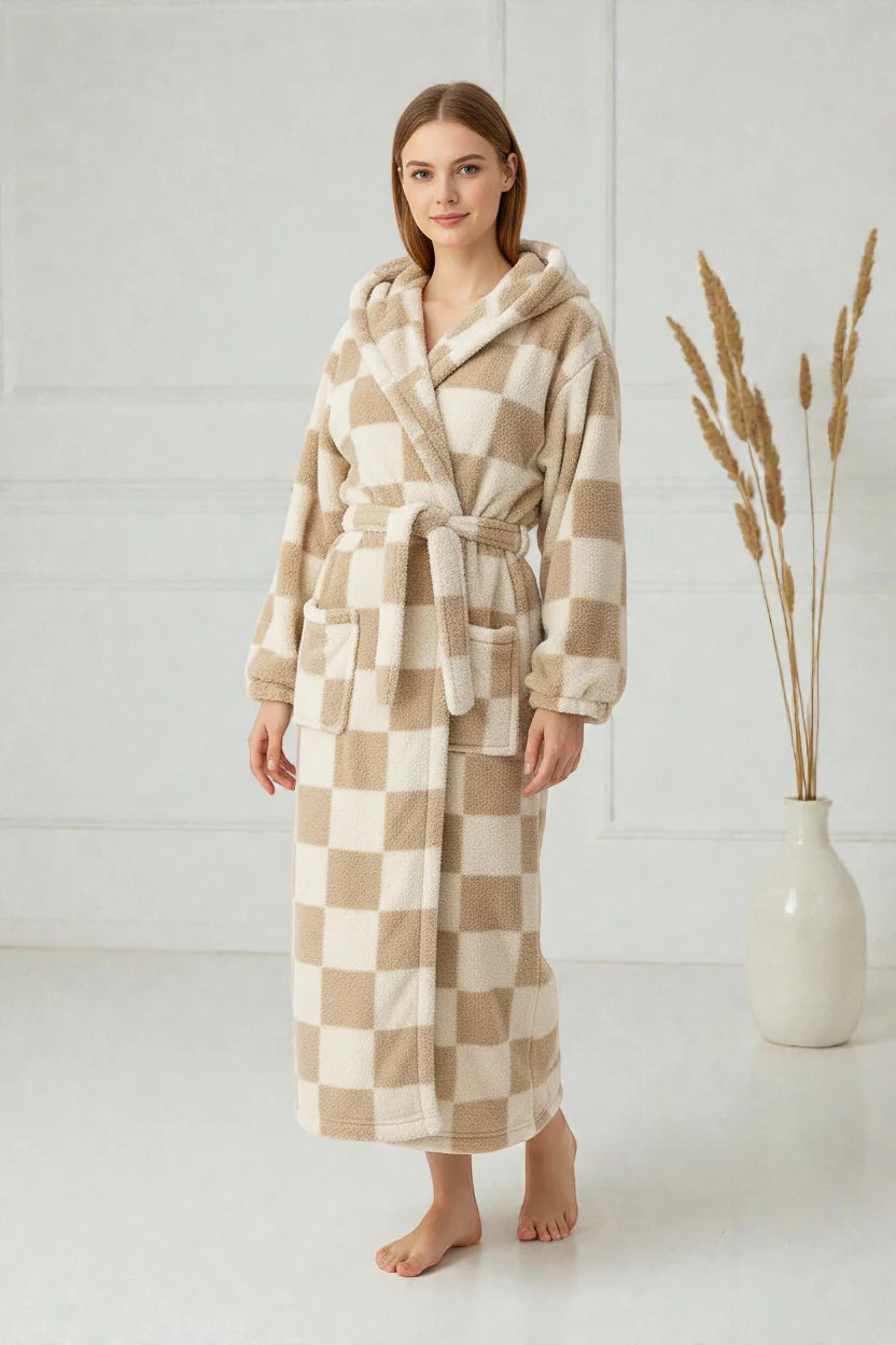 Robe de chambre polaire femme beige crème à carreaux à capuche et ceinture