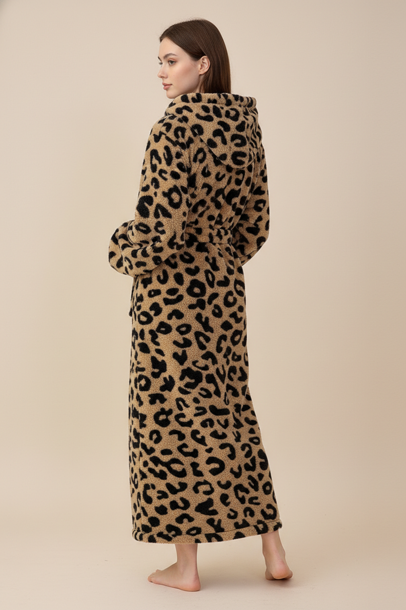 Robe de chambre polaire femme léopard à manches longues, capuche et ceinture